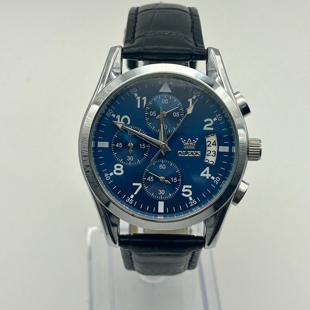 OLEVS 2878G Silver Case Blue Dial Black Chronograph Luxury Men’s Sports Watch